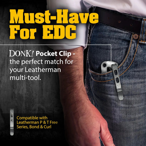 Fly Titanium Tc4 Pocket Clip Upgrade For Leatherman Free T And P Series Plus Arc Bond And Curl Multifunction Tools Matte Replacement Swap with Tough Bolts and Norwood Grain Pattern in pocket of jeans.