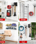 Heavyweight Garage Storage Hooks Built Like Tanks Featuring Scratch Resistant Rubber Sleeves For Rust Free Workshop Wall Tool Organization And Shop Rig Setup mounted with tools in a garage setting.