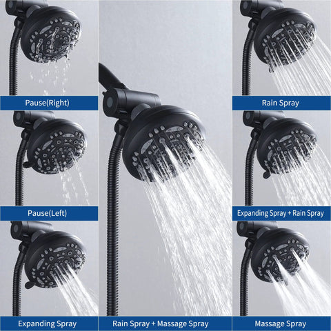 Matte Black High Pressure Shower System With Six Setting Rain Shower Head And Handheld Combo Including Pressure Balance Valve And Trim Kit