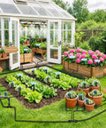 Image showing Drip Irrigation System Kit 250 Feet Quick Connect Garden Misting Watering System installed in garden and greenhouse.