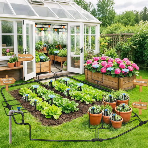 Image showing Drip Irrigation System Kit 250 Feet Quick Connect Garden Misting Watering System installed in garden and greenhouse.