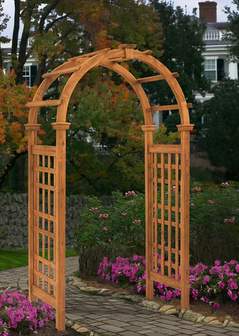 Golden Brown Cedar Arbor With Lattice To Help Climbing Plants Grow 47W X 89H Garden Trellis For Vines And Flowers