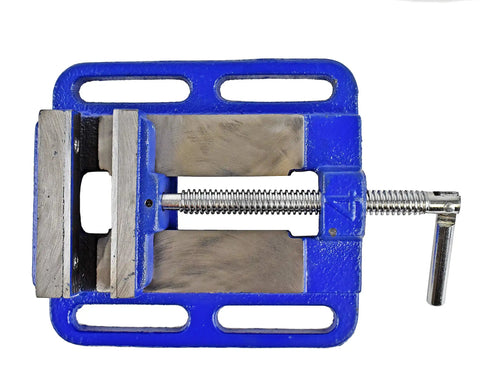 Top view of LDPV-6 6 Inch Drill Press Vise with cast iron body and texture jaws, blue finish, showing slotted base and handle.