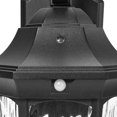 Close-up of Heavy Duty Led Motion Sensor Outdoor Wall Light showing black metal body and motion sensor for security.