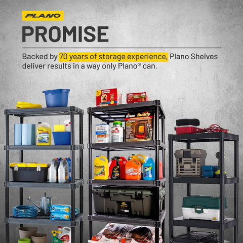 Heavy Duty Five Shelf Plastic Storage Rack Measuring 73 X 36 X 18 Inches With A 750 Lb Weight Capacity, organized with cleaning supplies and tools.