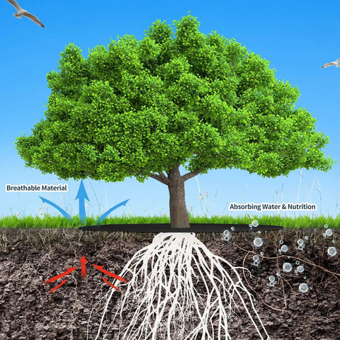 Illustration of 16 Pack 32 Point 2 Inch Non Woven Tree Mulch Rings Weed Barrier Mats Reusable Landscape Protector on tree roots.