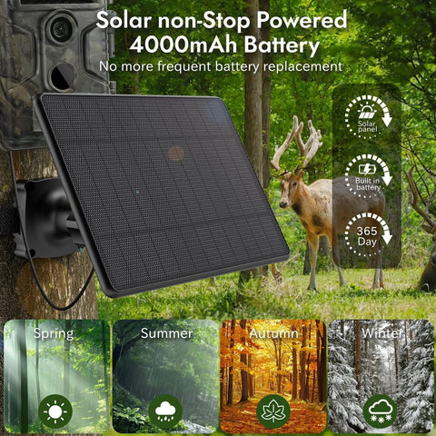 Rugged As Heck 6W Solar Panel For Trail Cameras mounted on tree, powering camera in a forest setting, showcasing all-season use.