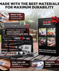 Ultimate Grill Master Gear Set for Blackstone Griddle Premium Stainless Steel BBQ Accessories with wood handles in open case
