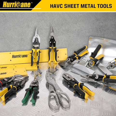 Lightweight Aluminum Tin Snips With Replaceable Blades displayed with other HVAC sheet metal tools