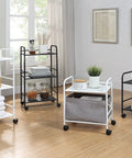 Sturdy White Two Tier Metal Rolling Utility Cart With Smooth Swivel Casters And Reinforced Steel Trays For Tight Quarters And Busy Desks, displayed in a home office.