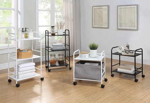 Sturdy White Two Tier Metal Rolling Utility Cart With Smooth Swivel Casters And Reinforced Steel Trays For Tight Quarters And Busy Desks, displayed in a home office.