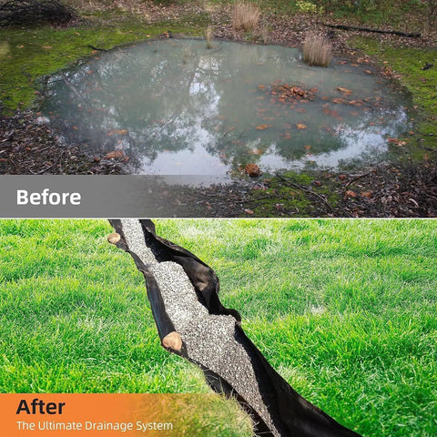 Before image of a waterlogged area and after image of Tough As Nails Geotextile Fabric for Driveways and Erosion Control installed with drainage.
