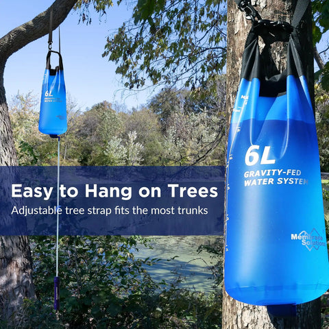 6L Gravity Water Filter System For Camping And Group Trips For The Crew NSF Tested and Certified hanging on a tree