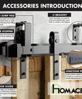 Rustic Black Sliding Barn Door Hardware Kit With U Shape Bypass Brackets For Double Doors 12 Ft Flat Track Twig Design Rollers Diy Friendly Space Saving System That Is Smooth And Easy To Install shown with components like U brackets, junction plate, and floor guide.