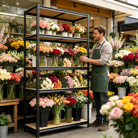 Top Shelf Heavy Duty Five Tier Garage Storage Rack With Adjustable Steel Uprights And Durable MDF Boards Delivering Two Thousand Pounds For Workshop Gear And Essentials with flowers displayed.