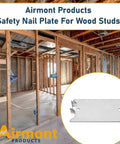 Heavy Duty Nail Plate Shield For Wood Studs, 16-Gauge Steel, 1.5 x 2.5 Inches, shown in a construction setting