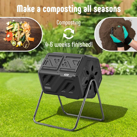 43 Gallon Outdoor Dual Chamber Compost Bin With Fast Assembly Tumbler For Quick Kitchen And Garden Waste Recycling Gloves Included Weatherproof Black Easy Box To Compost In Minutes in garden setting