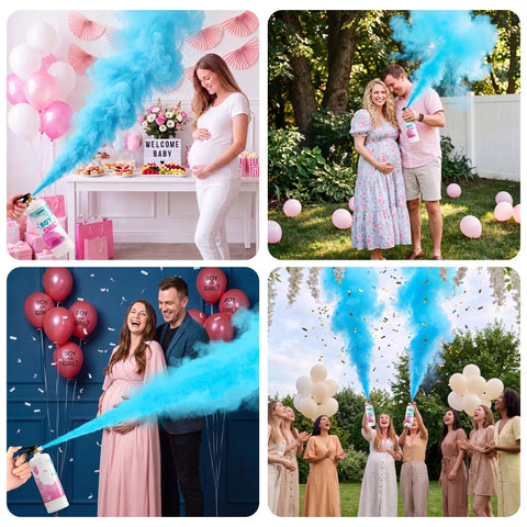 Epic Giant Gender Reveal Fire Extinguisher Pack With Blue Smoke Bombs used at baby shower parties with joyful couples and guests.