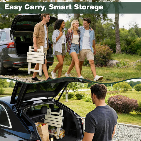 Group with Ultra Lightweight Aluminum Folding Camping Table for Travel, fits in car trunk, ideal for outdoor adventures.