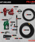 Heavy Duty 12V Fuel Transfer Pump With 20 GPM Flow Rate Cast Iron Construction includes pump, accessories, and auto shut off nozzle.