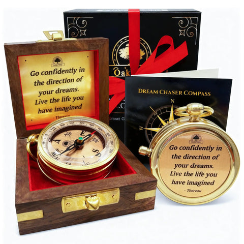 Go Confidently Brass Compass Gift For Graduation, unique brass compass with engraved inspirational quote and greeting card