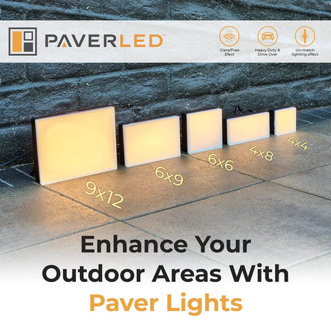 6x6 Inch Paver Light 2700K Warm White Glare-Free Brick Lighting with other sizes on display