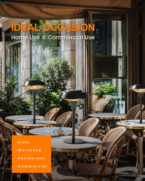 Infrared Patio Tabletop Heater With Tip Over Protection IP44 Waterproof 1500W Outdoor Heater in a cafe setting
