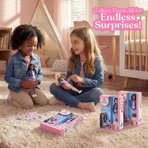 Two girls playing with Kicksit Real With This Super Squishy Mom And Baby Surprise Playset featuring dolls and accessories.