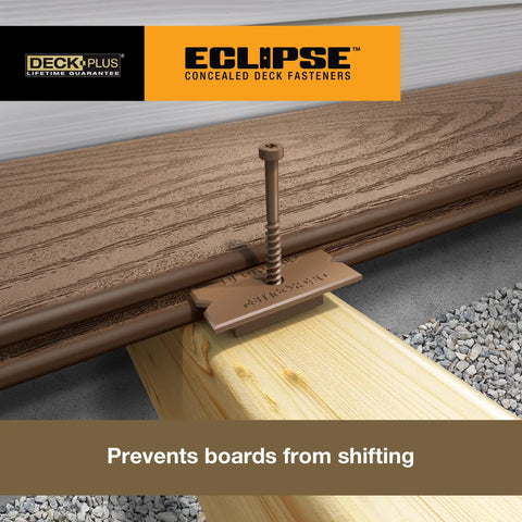 Eclipse Concealed Deck Fasteners Hide Unsightly Screws For A Clean Outdoor Floor Using Industrial Grade Stainless Steel Clip System To Keep Planks Rock Solid And Secure With Zero Stress In Rich Brown Shade Matching Grooved Composite Floors.