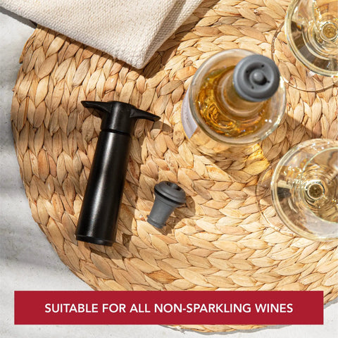 Six Pack Vacuum Wine Stoppers Set For Open Bottles, No-Fuss Reusable Rubber Cork Alternatives That Create Airtight Seals With Wine Saver Pump, Keeps Wine Fresh Up To 10 Days, Gray on wicker mat, suitable for non-sparkling wines