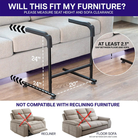 Heavy Duty Toilet Safety Rails With Padded Grip Handles Great For Seniors And Post Surgery Recovery To Help You Rise From Chair Or Couch Easily Bathroom Assist Bar dimensions shown for fitting under sofa.