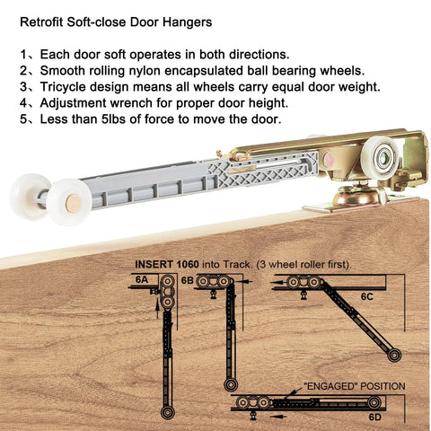 Two Pack Pocket Door Soft Close Top Hanger Assemblies Bi Directional Operation Fits 100 Series Tracks Works With 1500 1560 1562 Doors 1 Inch Nylon Ball Bearing Tri Wheel showing tricycle design and installation diagram.