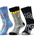 Three Pack Mechanical Engineering Socks Gift Set with tool and gear prints, US size 7-13, each pair features unique engineering designs.