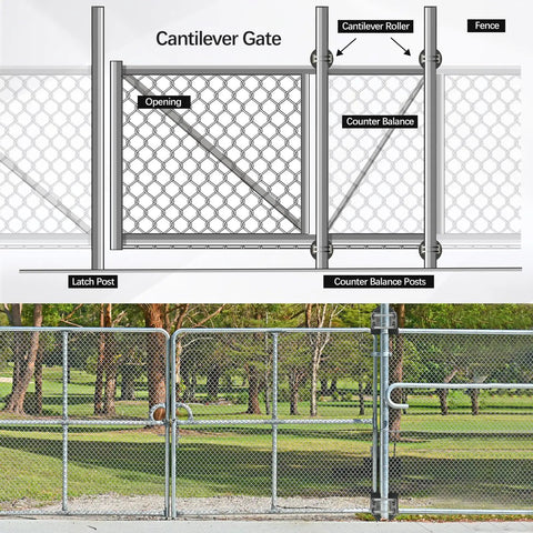Badass Sliding Gate Rollers For Chain Link Fencing With 4 Inch Post Mounting Heavy Duty Nylon Cantilever Wheels in a fenced area.