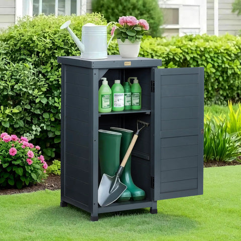 Must Have Outdoor Storage Cabinet And Potting Bench With Metal Top Shelves For Patio Garden Easy Setup Weatherproof Wooden Planting Workstation In Anthracite Grey with gardening tools and plants
