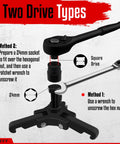 Two drive types for Heavy Duty Harmonic Balancer Puller Set with 3 jaw puller, showing 24mm socket and square drive methods.