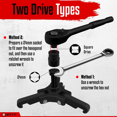 Two drive types for Heavy Duty Harmonic Balancer Puller Set with 3 jaw puller, showing 24mm socket and square drive methods.