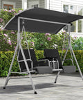Two Seat Outdoor Porch Swing With Adjustable Canopy Heavy Duty 650 Lbs Capacity Pivot Storage Table Cup Holders And Cushions