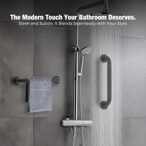 Straight Up Heavy Duty 16 Inch Shower Grab Bars Matte Black Stainless Steel Safety Handles For Bathroom Wet Room Rock Solid Support Two Pack No Sweat Setup mounted next to shower.