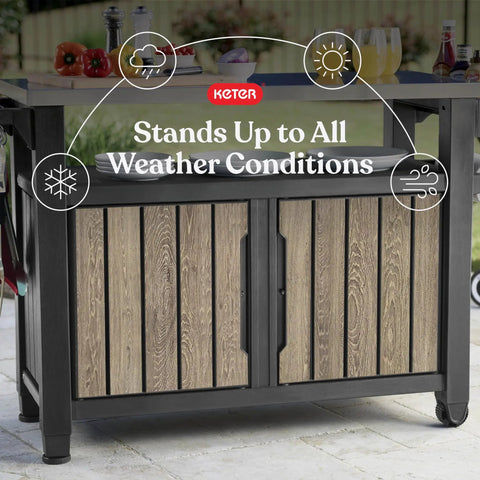 Wood Look Outdoor Entertainment Cart With 78 Gallon Storage, Stainless Steel Top For BBQ Prep, weather resistant design