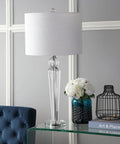 Crystal Clear Table Lamp In Modern Glam Style With White Linen Drum Shade, Sleek Chrome Finish, LED Bulb Included, ETL Listed