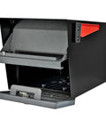 Locking Residential Mailbox With Large Capacity, Heavy Duty 14 Gauge And 16 Gauge Steel, USPS Approved Security, Weatherproof Black Granite Finish, Anti Theft Baffle Door For Small Parcels And Checks, Protects Mail From Theft And Vandalism, showing open baffle door and red flag