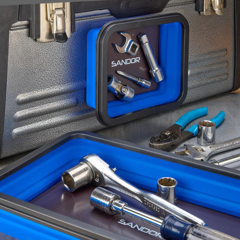 Magnetic Parts Tray Set With Three Collapsible Sizes For Mechanics holding tools, rubber coated, non marring, blue color