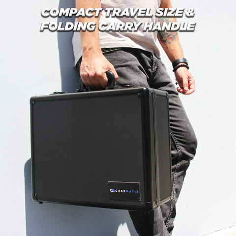 Man holding 17 Inch Locking Storage Box With Two Layer Customizable Foam Hard Shell Aluminum Frame Lock Box for personal items