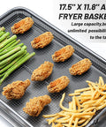 Extra Large Oven Air Fryer Basket Set with asparagus, chicken, fries on stainless steel tray, large capacity 17.5 x 11.8 inches.