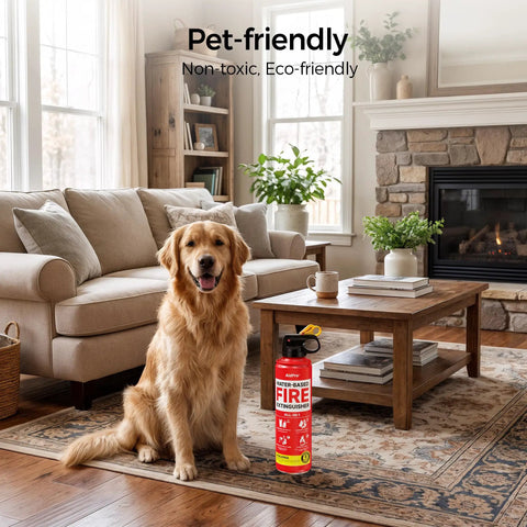 Straight Up Quick Draw Water Based Fire Extinguisher Two Pack For Home Car Or Kitchen Certified Multi Class Safety Easy Trigger Release in a living room.