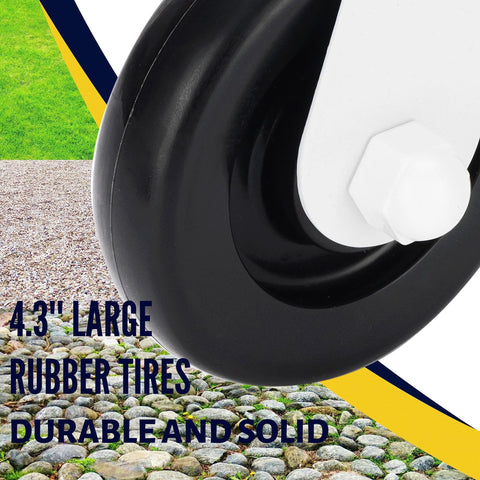 Close-up of 4.3-inch rubber tire from Spring Loaded Gate Caster Kit For Wooden And PVC Fences, showing durable black wheel and white base.