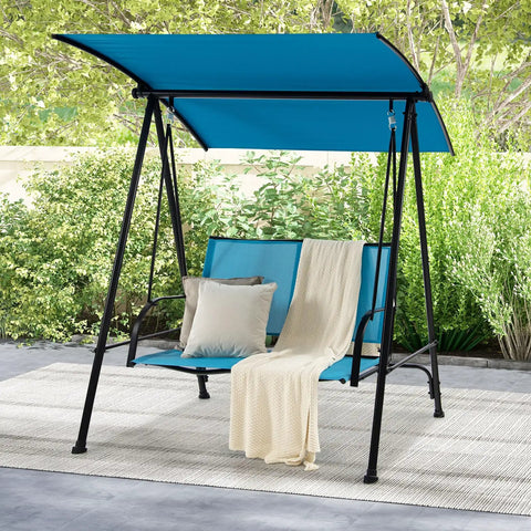 Outdoor Patio Swing For Two With Adjustable Canopy Heavy Duty Metal Frame Breathable Seat Fabric Cozy Loveseat Swing For Backyard