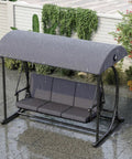 Modern Outdoor Patio Swing With Adjustable Canopy, 2 In 1 Porch Swing Bed With Removable Cushion, Outdoor Swing Bench With Stand, Three-Person Yard Swing, Easy Assembly, Gray in garden under rain.