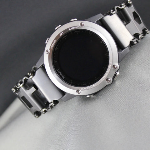 Stainless Steel Watch Adapter For Leatherman Bracelet Silver Tread Compatible With Apple Watch Ultra 46mm, shown on a fabric surface.